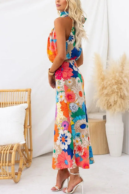 Rochie Maxi Floral cu Mâneci Fără și Guler Legat