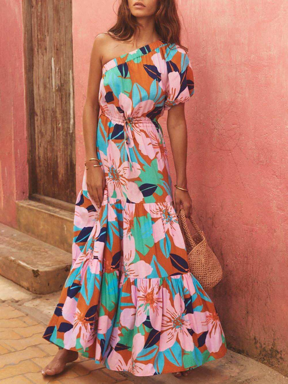 Rochie Florală cu Imprimare de Frunze de Palmier, cu Umeri Descoperiți, Stil de Vacanță