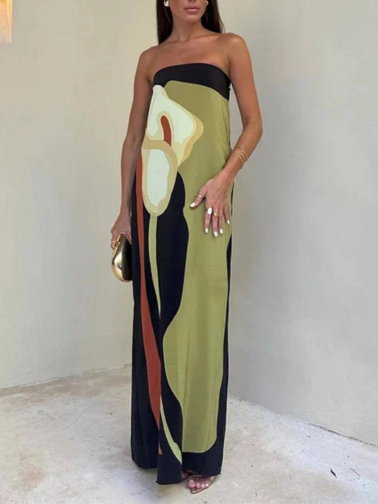Rochie de Petrecere Maxi Fără Bretele cu Imprimare Color Block