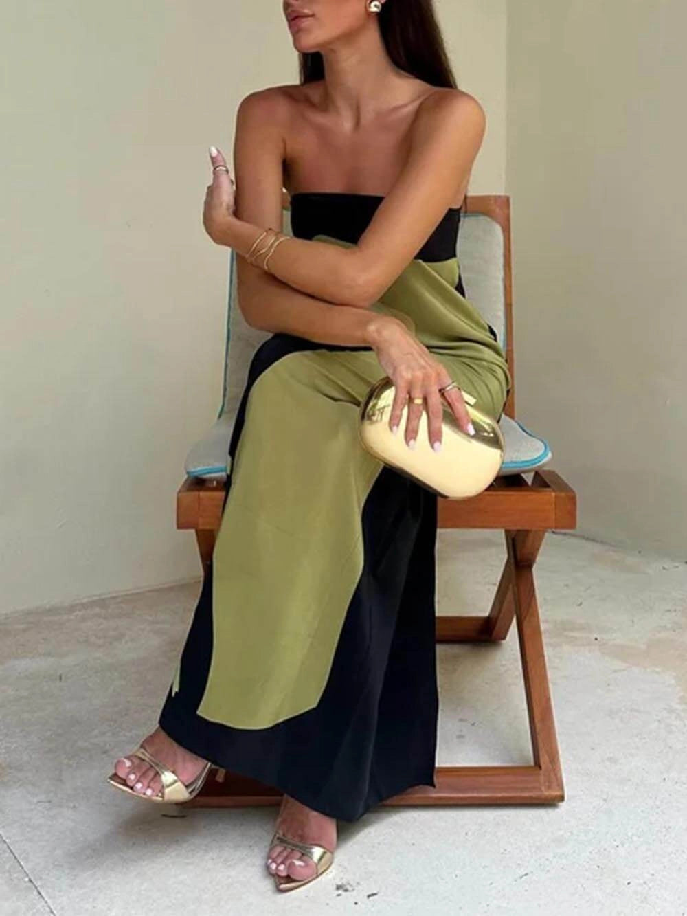Rochie de Petrecere Maxi Fără Bretele cu Imprimare Color Block