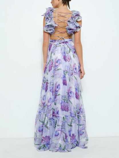 Rochie maxi imprimată fără spate