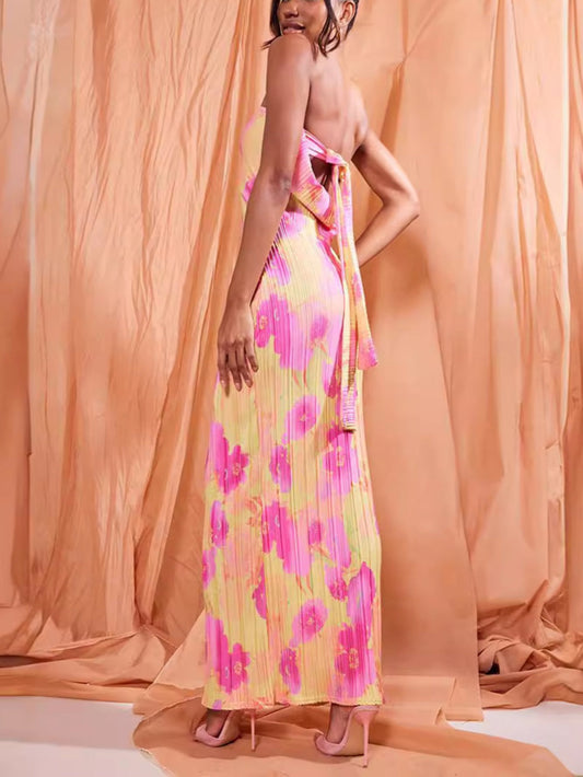 Rochie Maxi Tub cu Imprimare Florală Abstractă, cu Spate Deschis și Fără Bretele