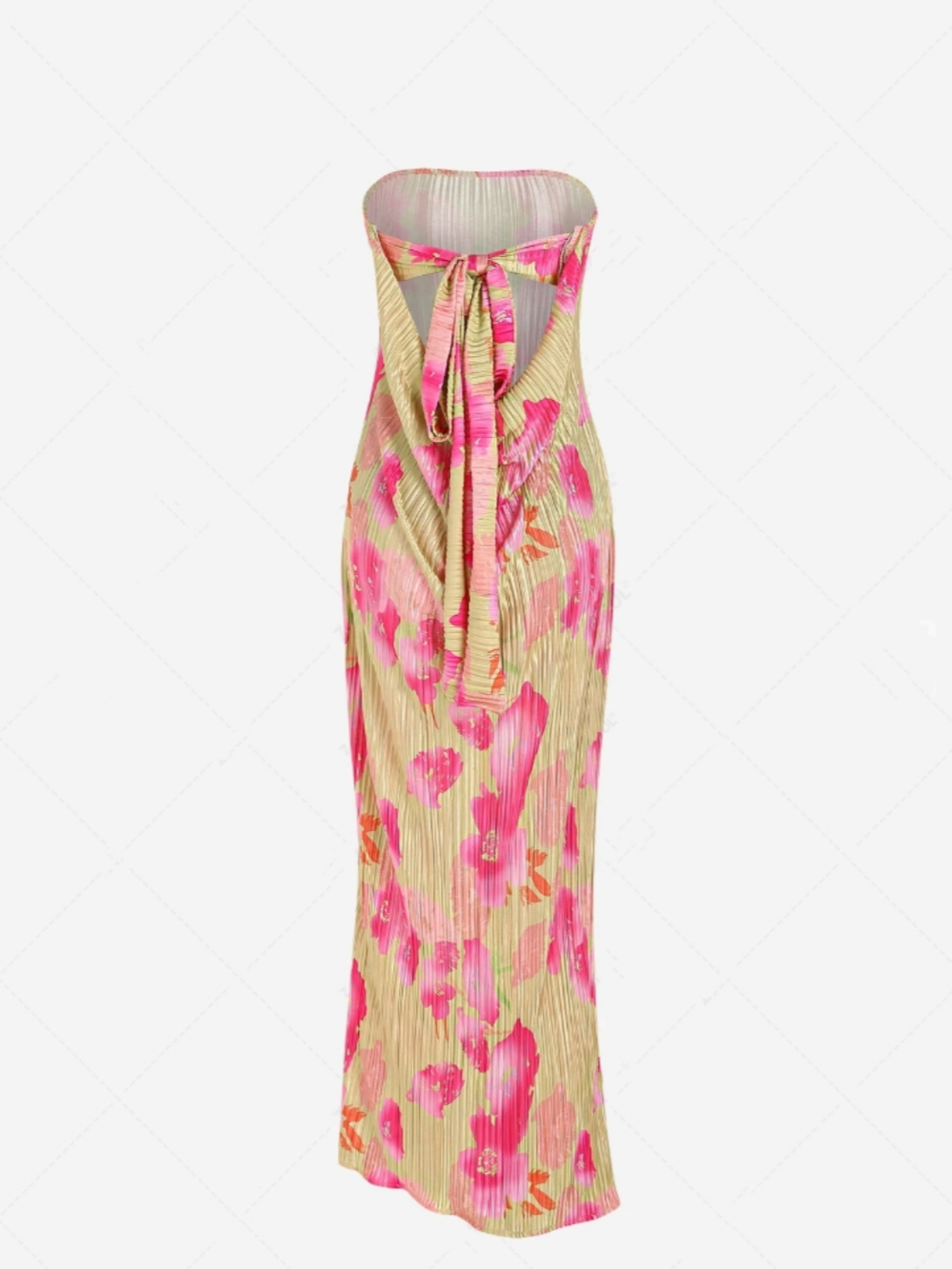 Rochie Maxi Tub cu Imprimare Florală Abstractă, cu Spate Deschis și Fără Bretele