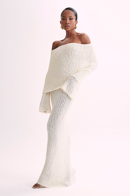 Marissa | Rochie Maxi Off-Shoulder din Bouclé – Ivory