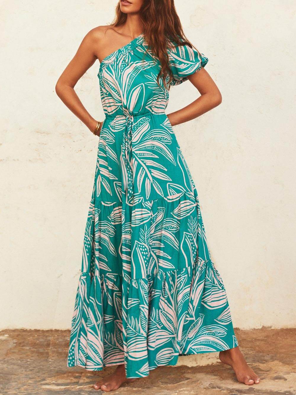 Rochie Florală cu Imprimare de Frunze de Palmier, cu Umeri Descoperiți, Stil de Vacanță