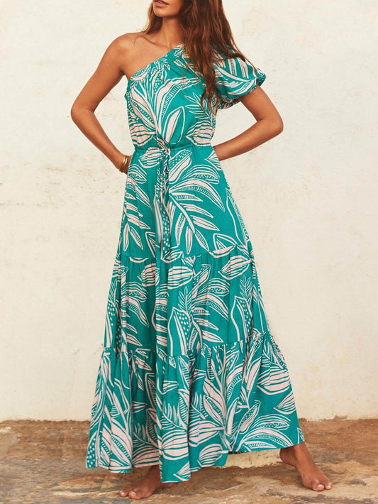 Rochie Florală cu Imprimare de Frunze de Palmier, cu Umeri Descoperiți, Stil de Vacanță