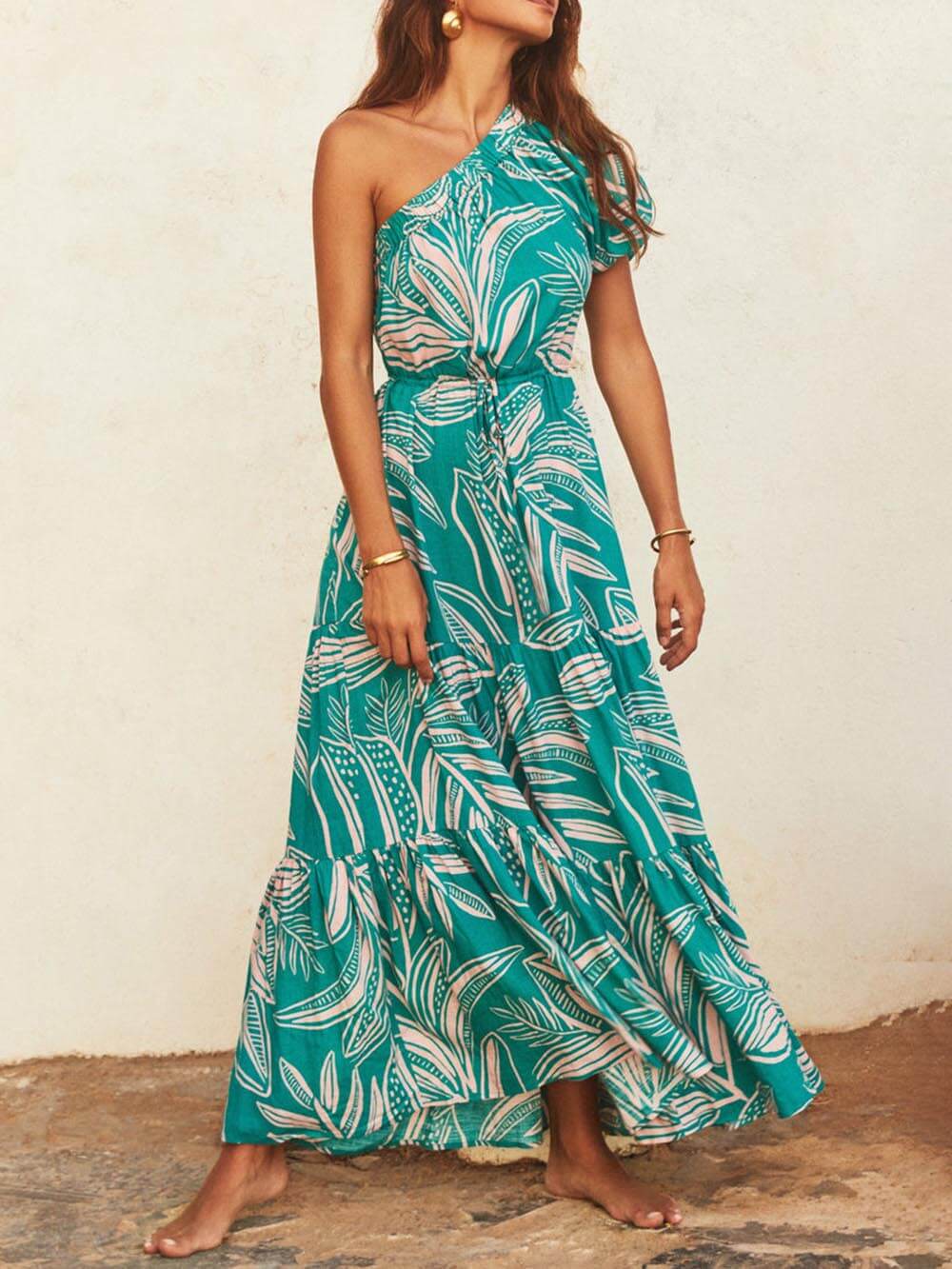 Rochie Florală cu Imprimare de Frunze de Palmier, cu Umeri Descoperiți, Stil de Vacanță