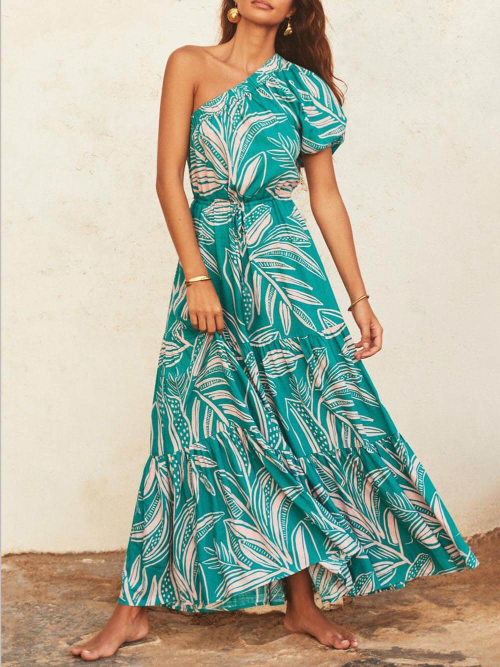 Rochie Florală cu Imprimare de Frunze de Palmier, cu Umeri Descoperiți, Stil de Vacanță