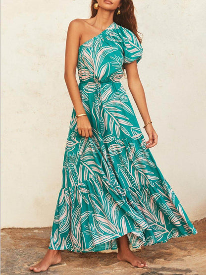 Rochie Florală cu Imprimare de Frunze de Palmier, cu Umeri Descoperiți, Stil de Vacanță