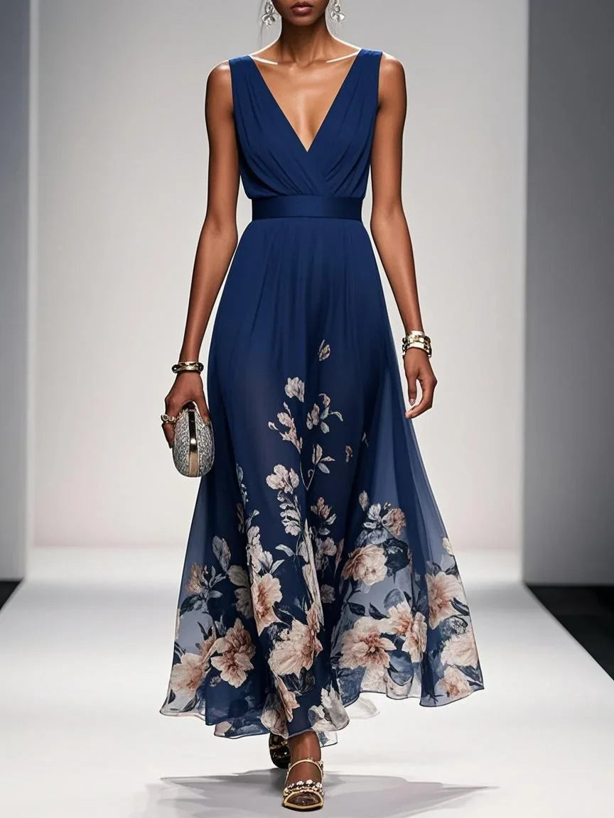Rochie Maxi A-Line fără Mâneci cu Decolteu în V, Floral Albastru Deschis
