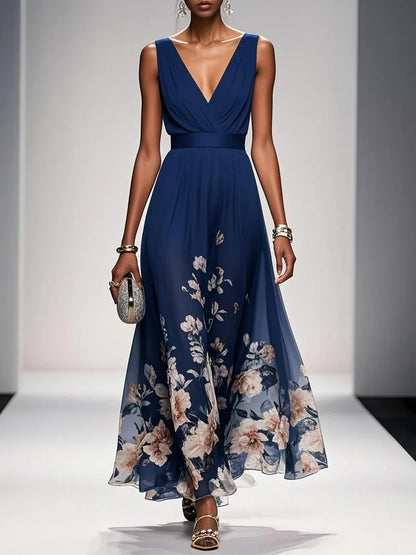 Rochie Maxi A-Line fără Mâneci cu Decolteu în V, Floral Albastru Deschis