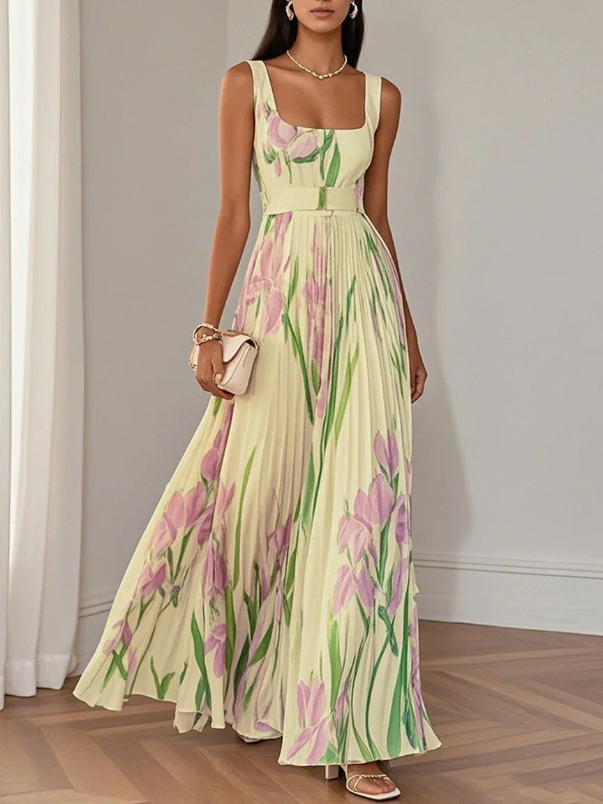 Rochie Maxi A-Line fără Mâneci cu Decolteu Patrat din Chiffon Floral Plisat Alb