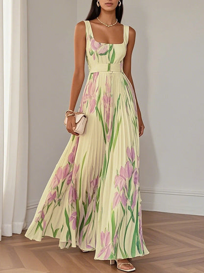 Rochie Maxi A-Line fără Mâneci cu Decolteu Patrat din Chiffon Floral Plisat Alb