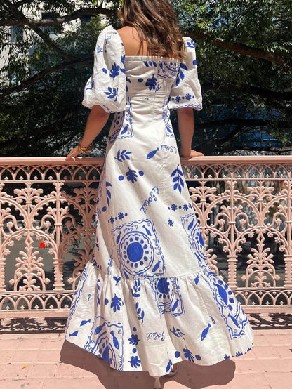 Rochie Midi cu Mâneci Puff pentru Vacanță
