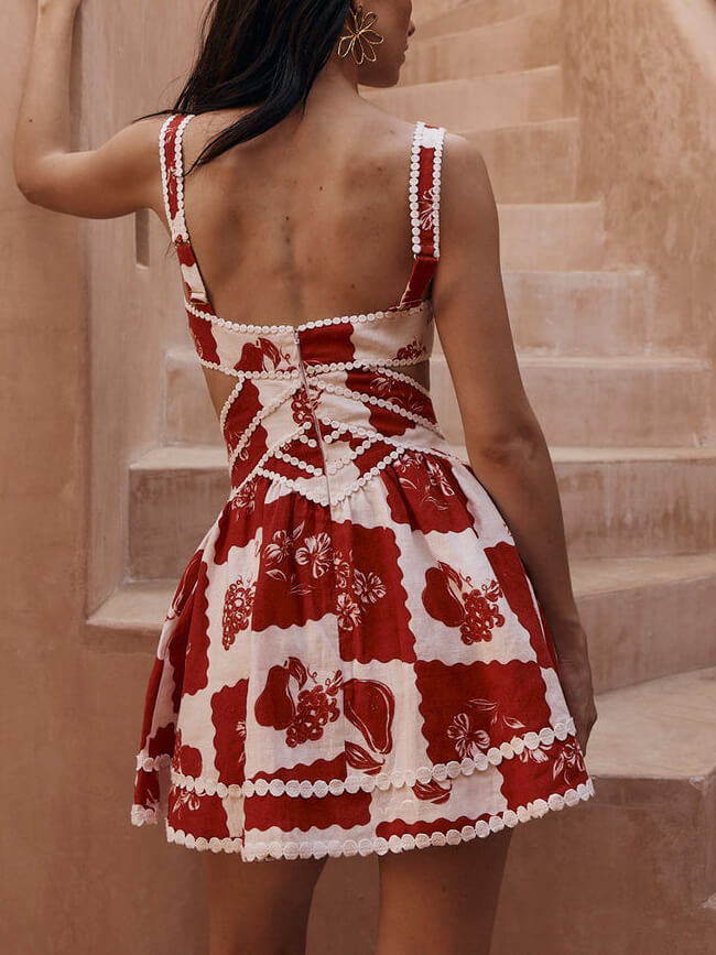 Rochie Mini A-Line cu Decupaj în Formă de V, Print Floral Decorativ Unic