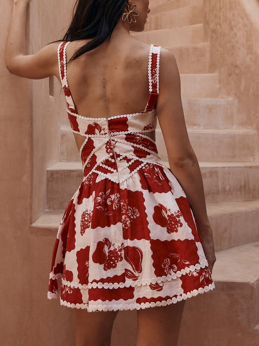 Rochie Mini A-Line cu Decupaj în Formă de V, Print Floral Decorativ Unic