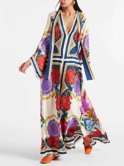 Rochie Maxi cu Imprimeu Floral Exquis și Mâneci Drapate în Stil Cascade
