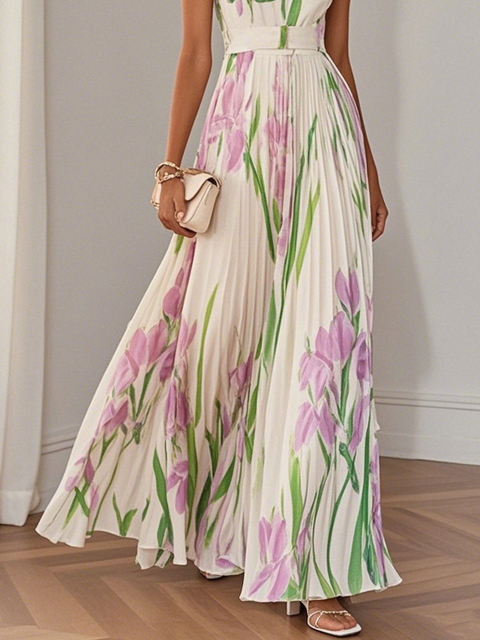 Rochie Maxi A-Line fără Mâneci cu Decolteu Patrat din Chiffon Floral Plisat Alb