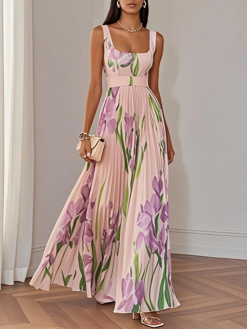 Rochie Maxi A-Line fără Mâneci cu Decolteu Patrat din Chiffon Floral Plisat Alb