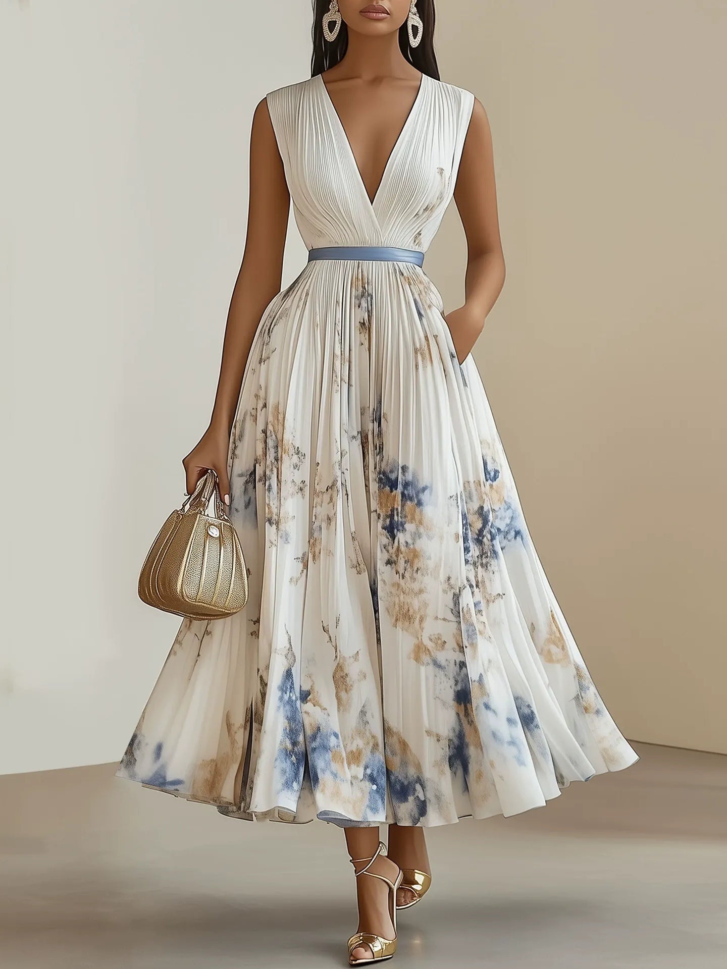 Rochie Midi Albă Fără Mâneci cu Pliseuri și Imprimeu Floral, Decolteu în V