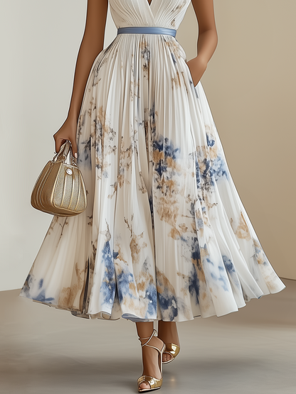 Rochie Midi Albă Fără Mâneci cu Pliseuri și Imprimeu Floral, Decolteu în V