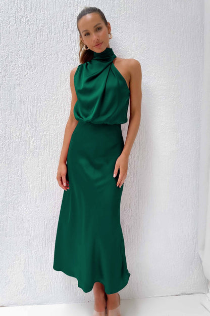 Carlina | Rochie lungă din satin cu guler halter