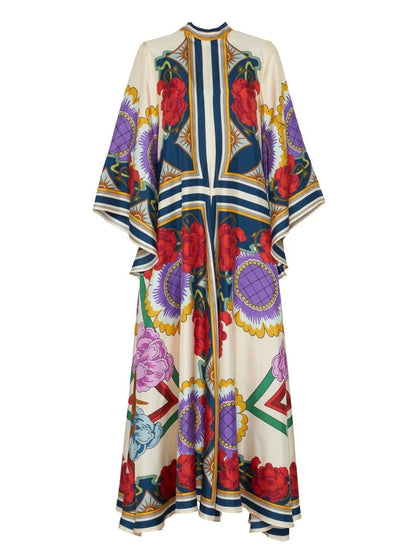 Rochie Maxi cu Imprimeu Floral Exquis și Mâneci Drapate în Stil Cascade