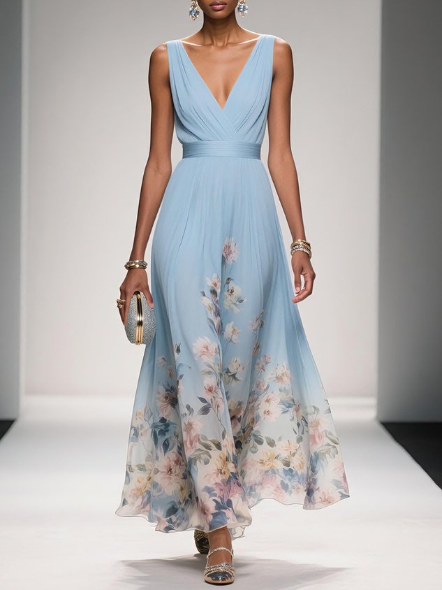 Rochie Maxi A-Line fără Mâneci cu Decolteu în V, Floral Albastru Deschis