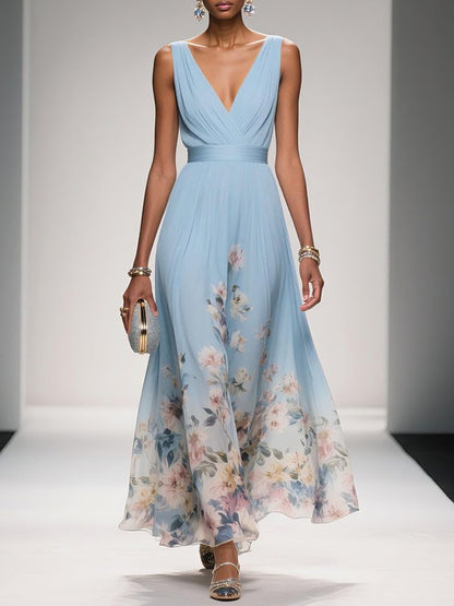Rochie Maxi A-Line fără Mâneci cu Decolteu în V, Floral Albastru Deschis