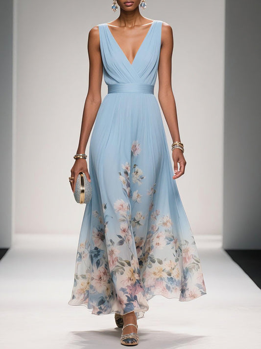 Rochie Maxi A-Line fără Mâneci cu Decolteu în V, Floral Albastru Deschis