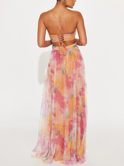 Rochie Maxi A-Line cu Imprimare Florală Pictată Elegantă