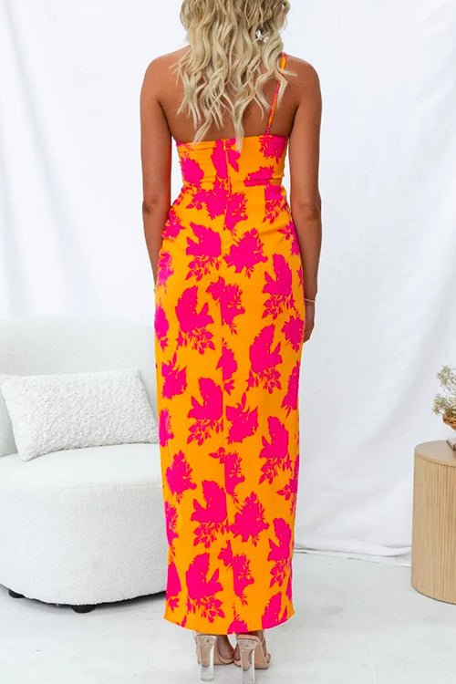 Rochie Maxi Cami cu Un Umăr și Fendă Laterală Imprimată