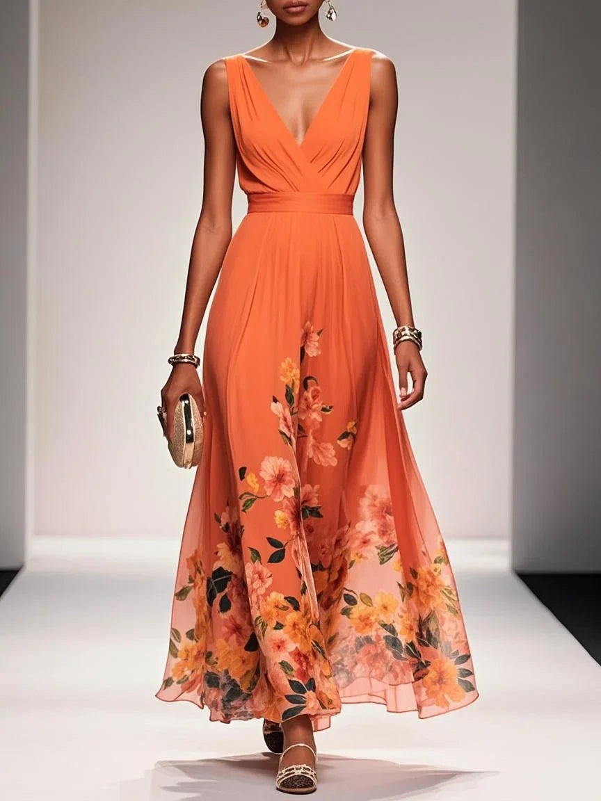 Rochie Maxi A-Line fără Mâneci cu Decolteu în V, Floral Albastru Deschis