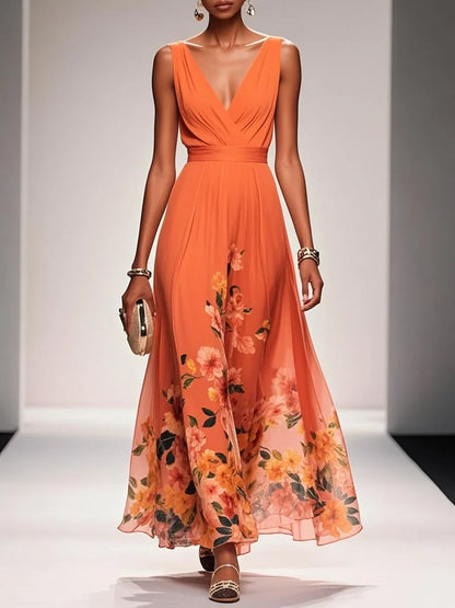 Rochie Maxi A-Line fără Mâneci cu Decolteu în V, Floral Albastru Deschis