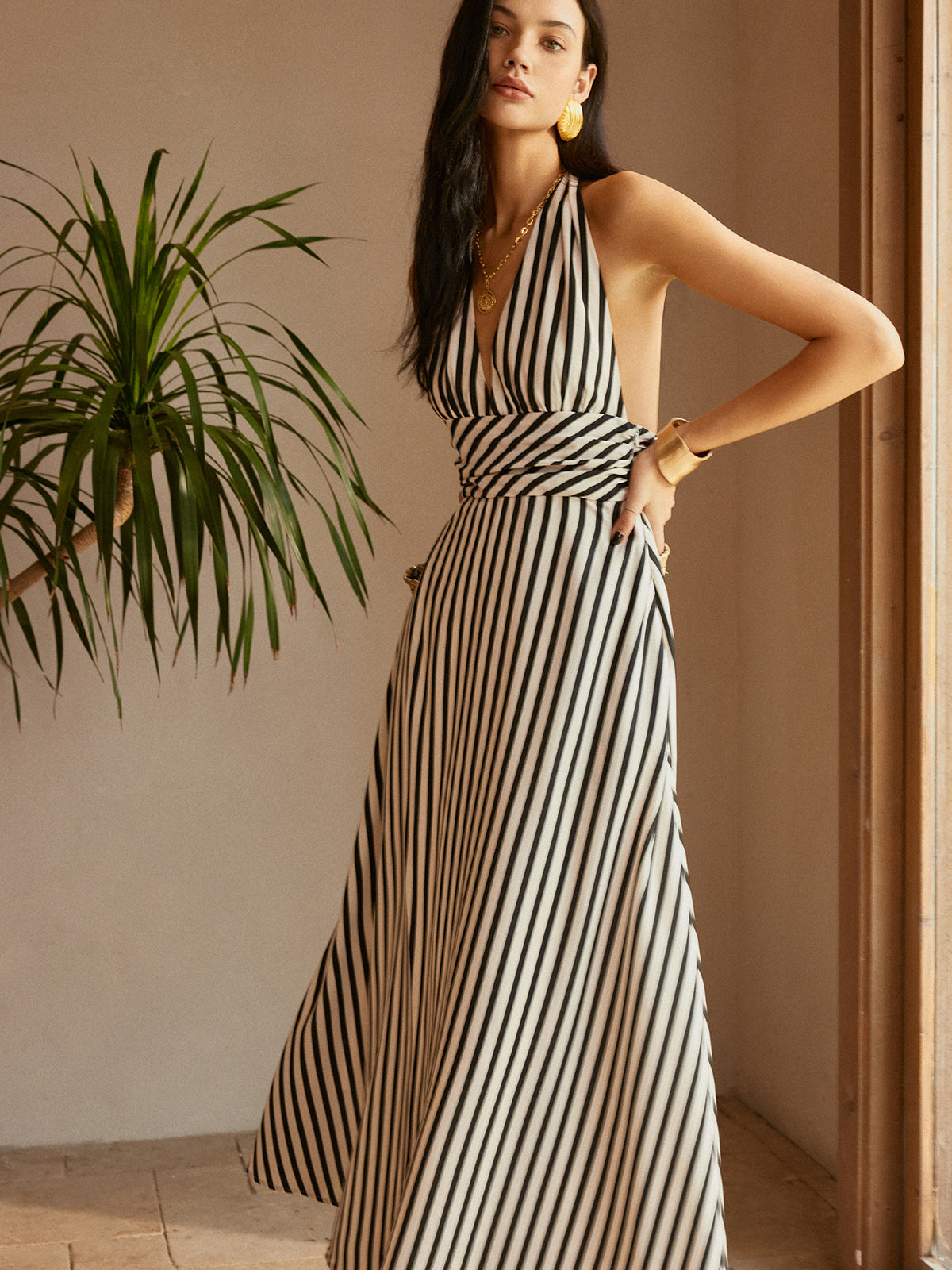 Rochie fără spate cu buzunare Stripe