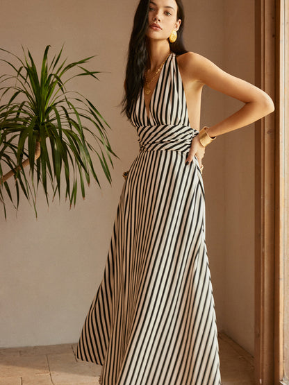 Rochie fără spate cu buzunare Stripe