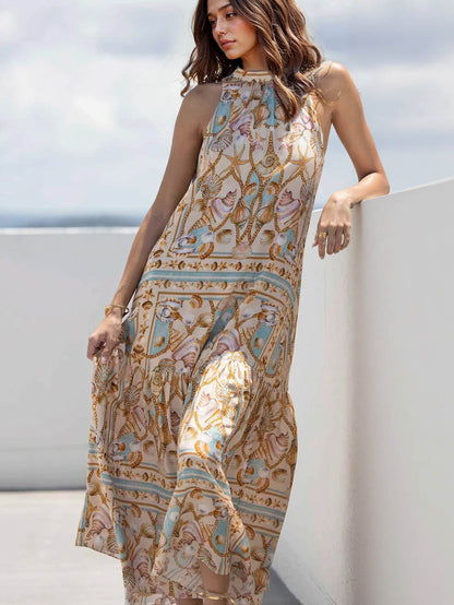 Rochie Maxi din Satin cu Imprimare Comori Oceanice