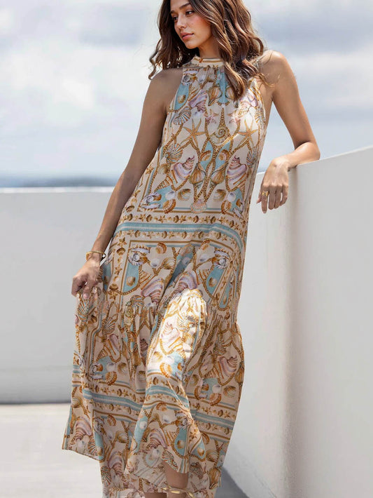 Rochie Maxi din Satin cu Imprimare Comori Oceanice