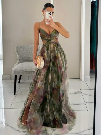 Rochie Maxi A-Line cu Imprimare Florală Pictată Elegantă