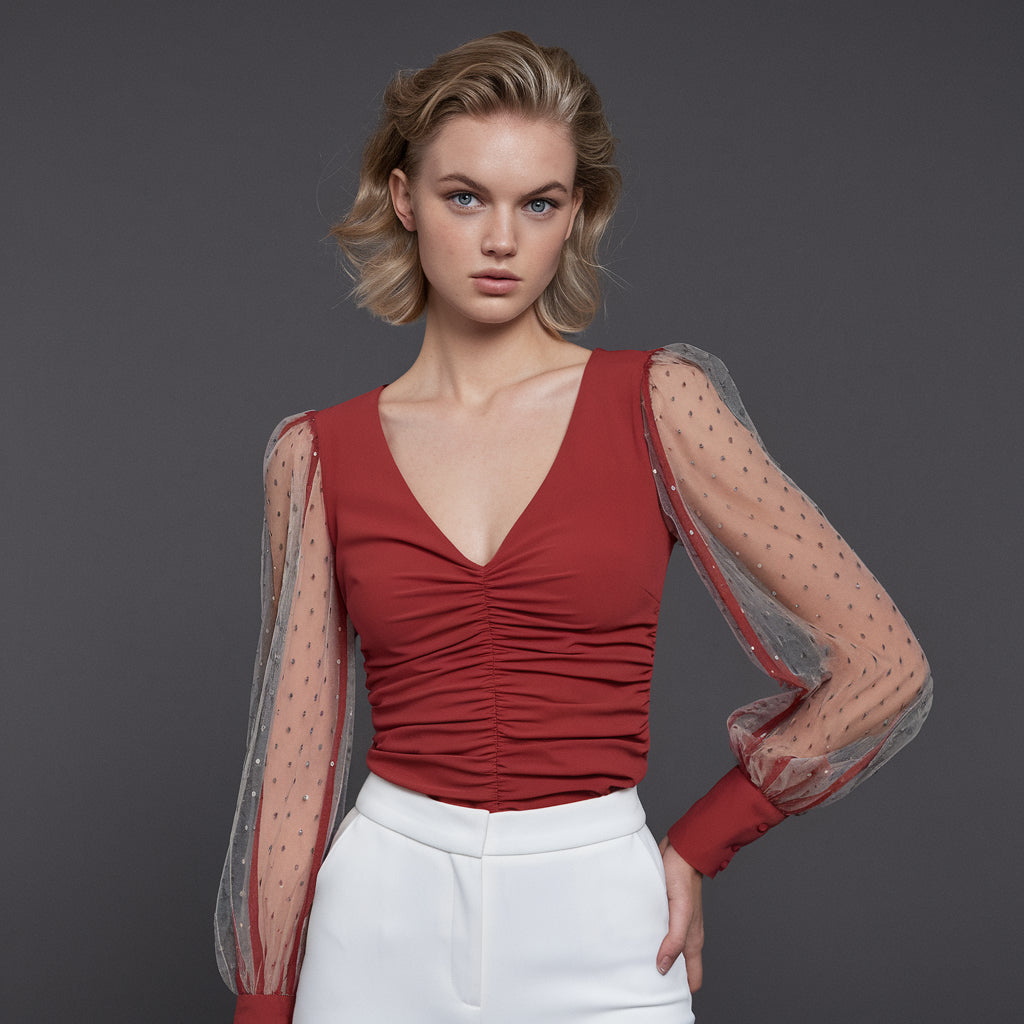 Amoria | Elegant Mesh-Sleeve Blouse