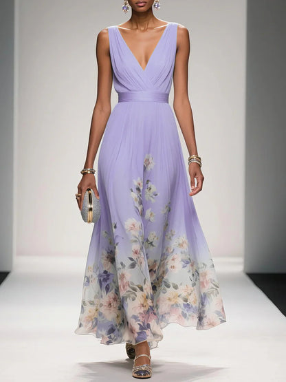 Rochie Maxi A-Line fără Mâneci cu Decolteu în V, Floral Albastru Deschis