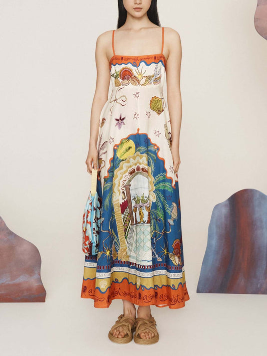 Rochie Midi Sling cu Print Oceanic de Vacanță de Vară