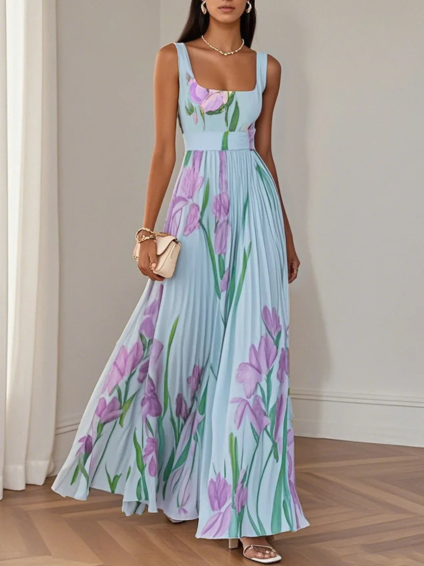 Rochie Maxi A-Line fără Mâneci cu Decolteu Patrat din Chiffon Floral Plisat Alb