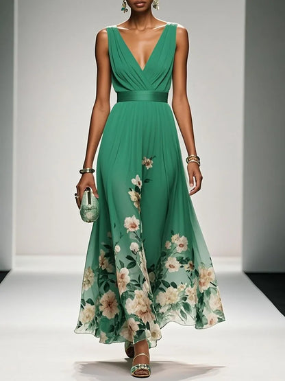 Rochie Maxi A-Line fără Mâneci cu Decolteu în V, Floral Albastru Deschis