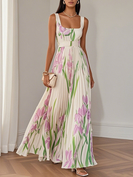 Rochie Maxi A-Line fără Mâneci cu Decolteu Patrat din Chiffon Floral Plisat Alb