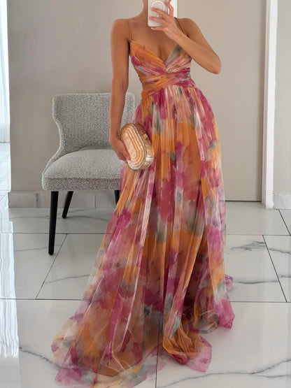 Rochie Maxi A-Line cu Imprimare Florală Pictată Elegantă