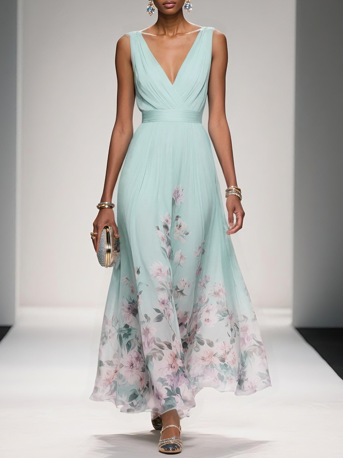 Rochie Maxi A-Line fără Mâneci cu Decolteu în V, Floral Albastru Deschis