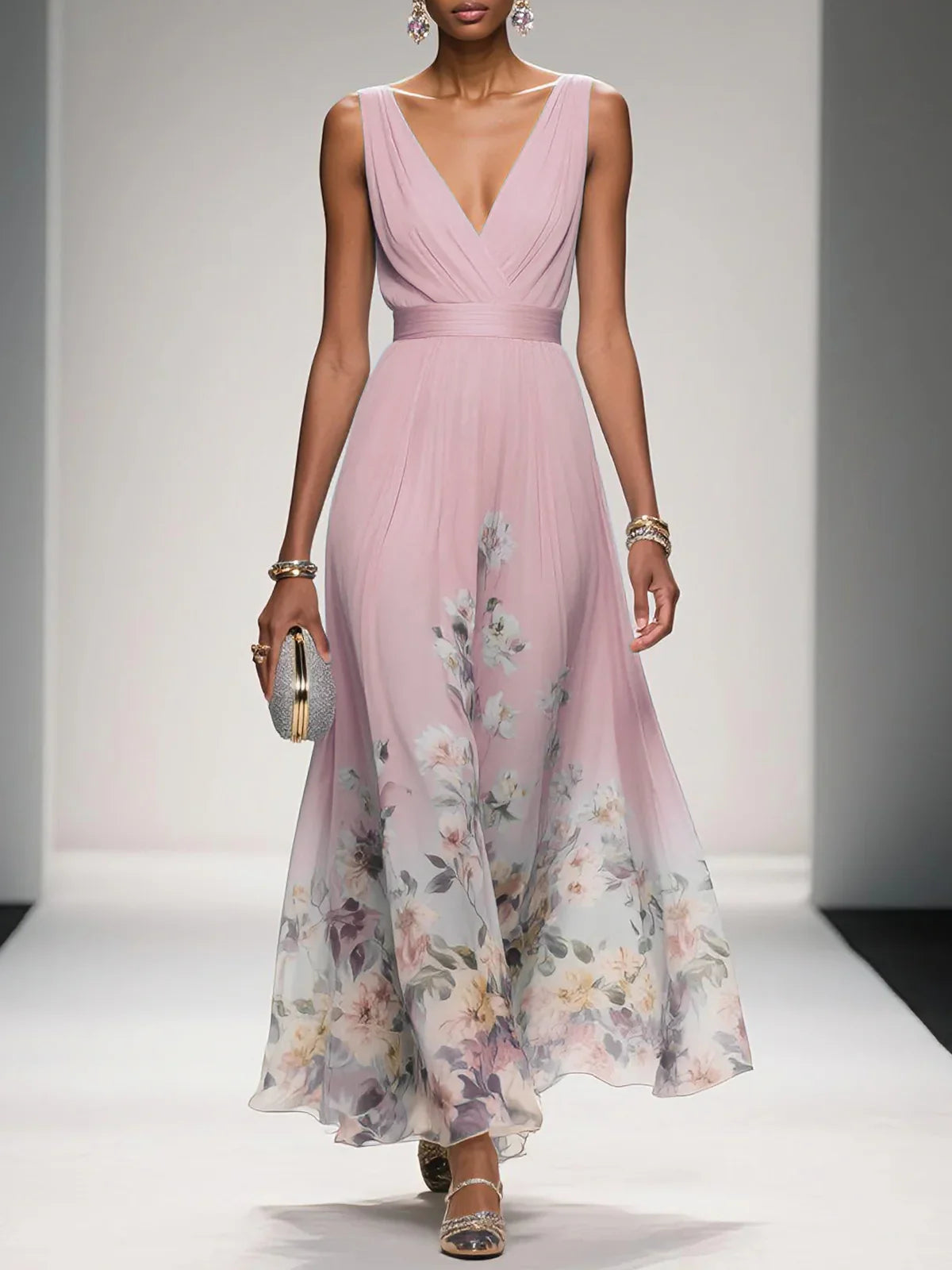Rochie Maxi A-Line fără Mâneci cu Decolteu în V, Floral Albastru Deschis