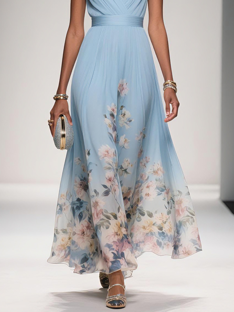 Rochie Maxi A-Line fără Mâneci cu Decolteu în V, Floral Albastru Deschis