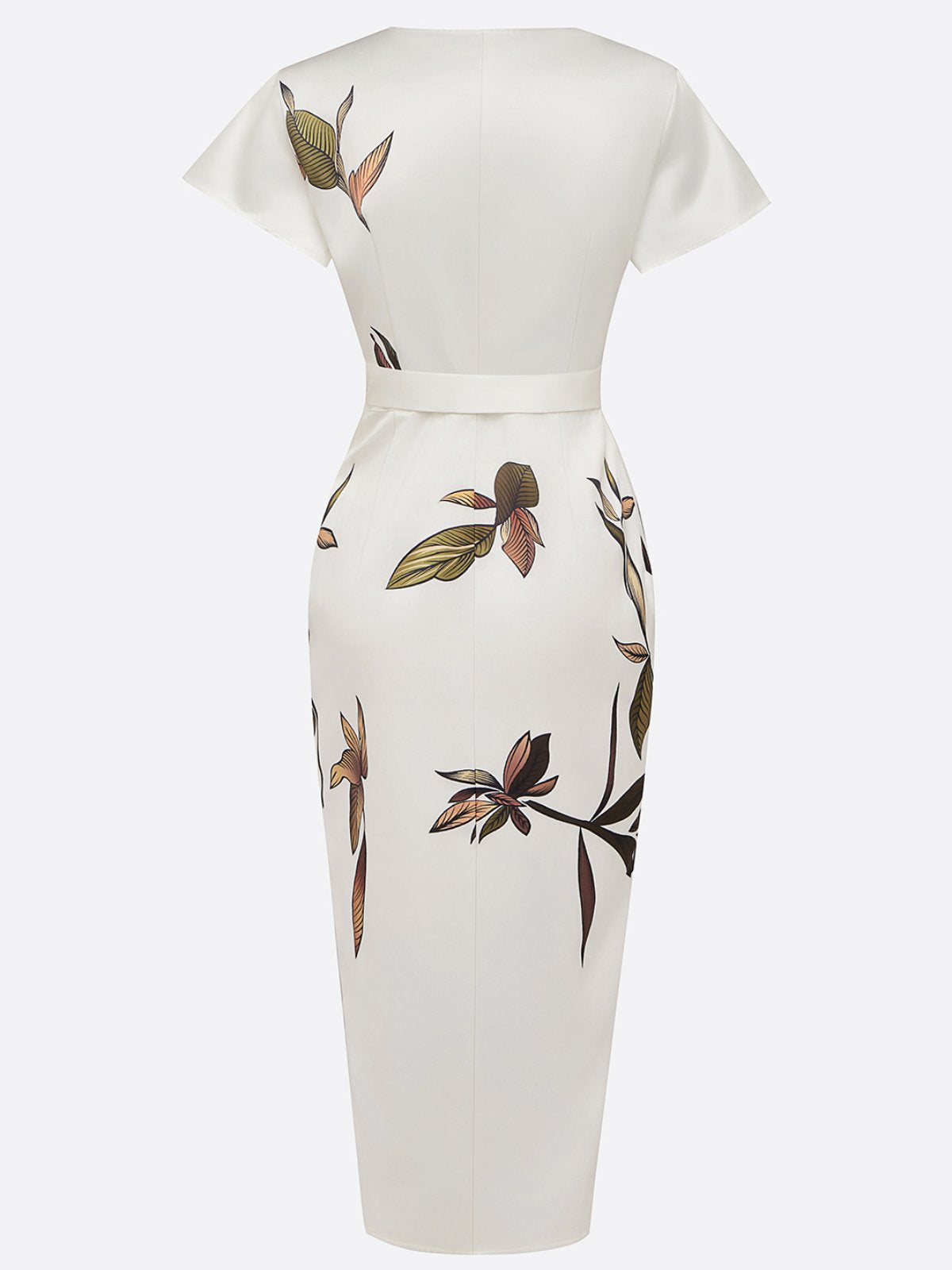 Rochie midi din satin cu mânecă scurtă și imprimeu cu frunze albe